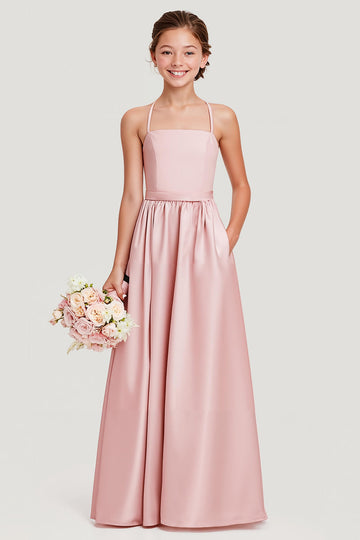 Simple Blush Une Ligne Satin Spaghetti Bretelles Longue Robe de demoiselle d’honneur Junior